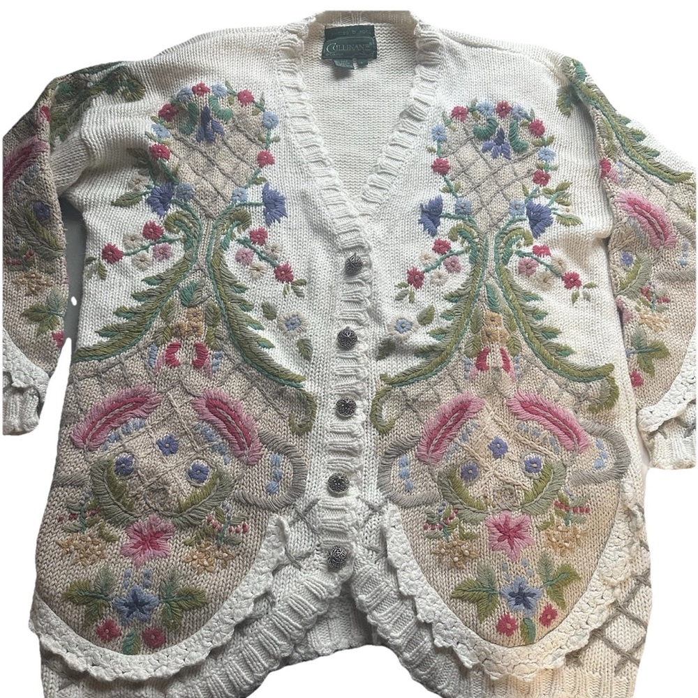 Vtg Hand Knit Embroidered Cardigan Sweater Women’s Large Twee Chunky Floral